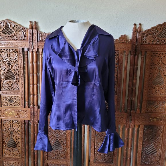 Anne Klein AK Dark Purple Ruffled Silk Fitted Button Down Blouse - As Is - Picture 12 of 12